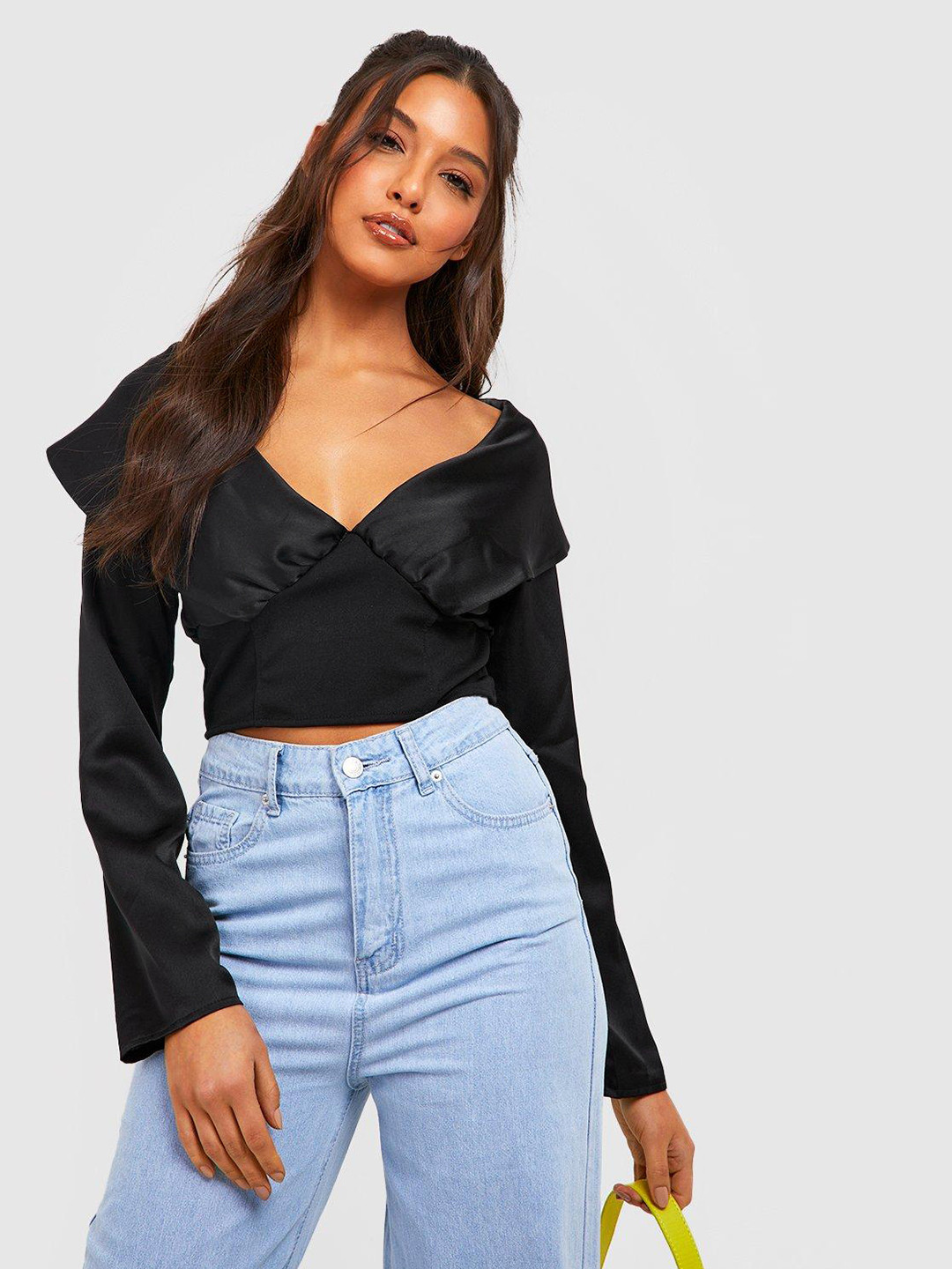 Boohoo Black Off-Shoulder Satin Corset Top