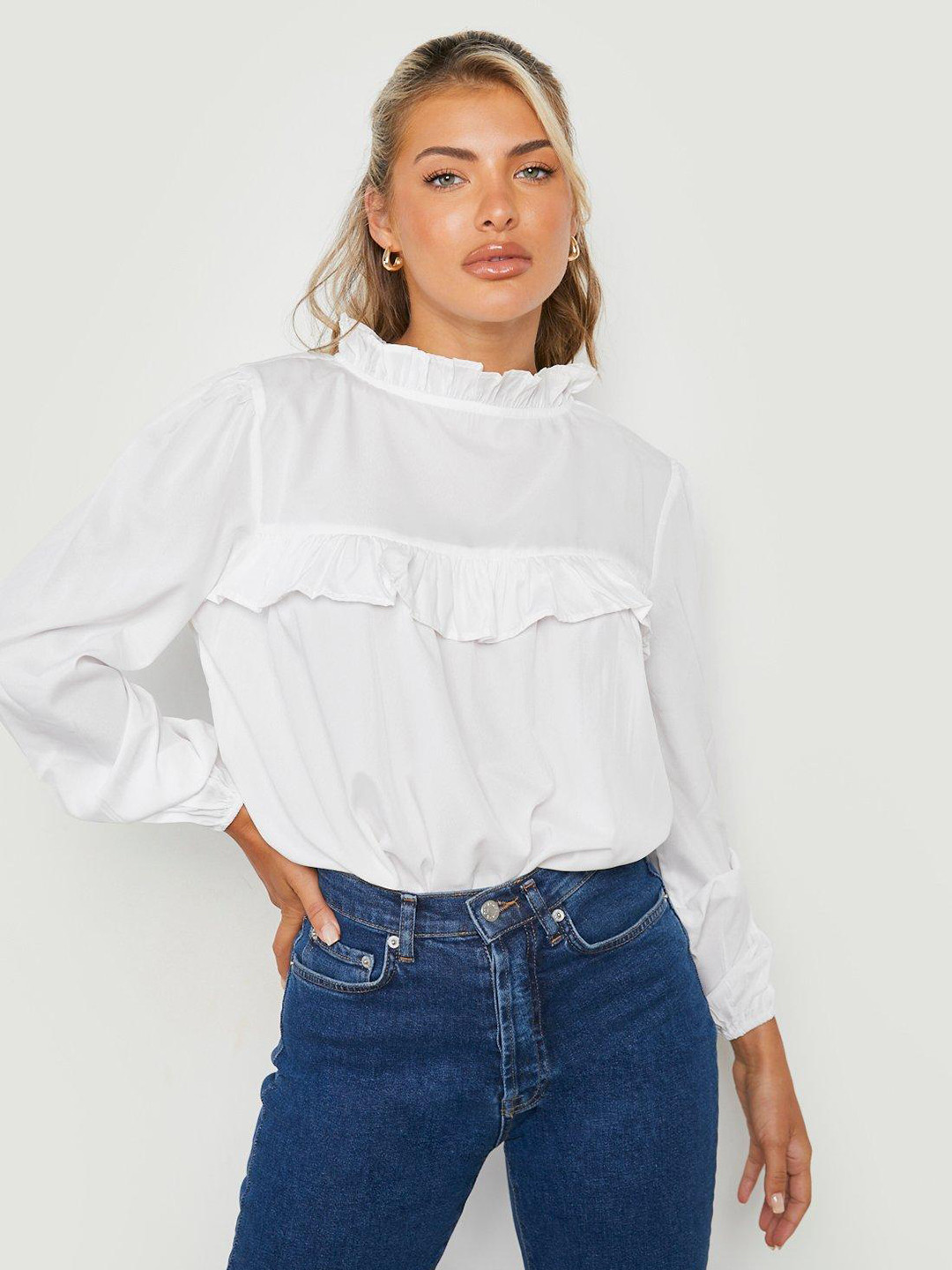 Boohoo White Mandarin Collar Ruffle Detail Top