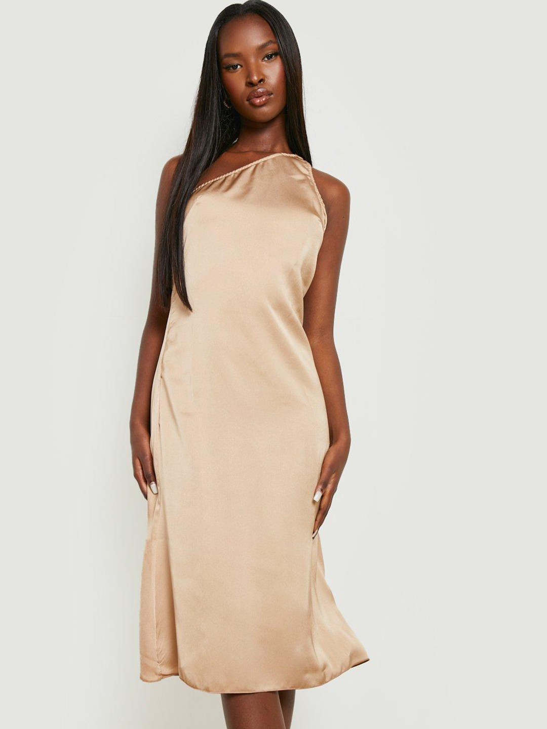 Boohoo Taupe One Shoulder Satin A-Line Dress