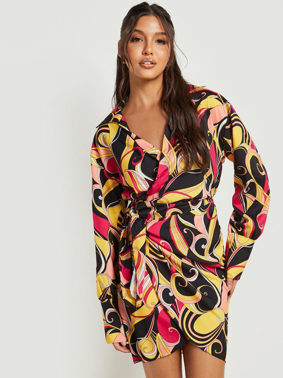 Boohoo Black & Yellow Abstract Print Wrap Shirt Dress