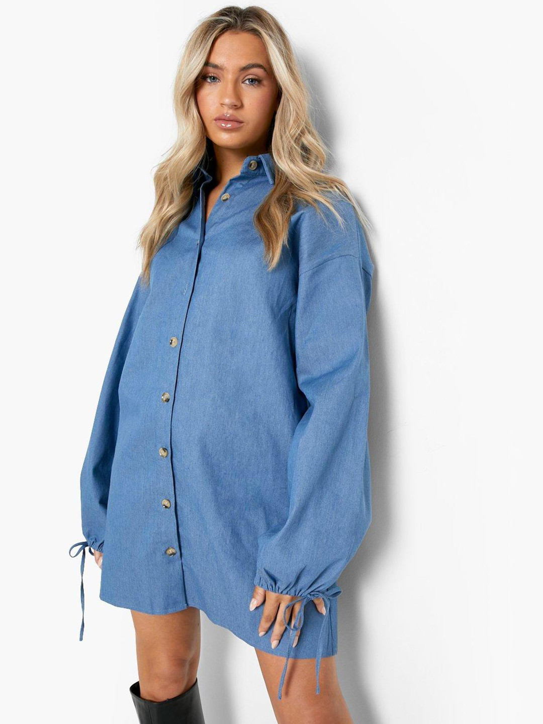 Boohoo Blue Shirt Mini Cut-Out Chambray Dress