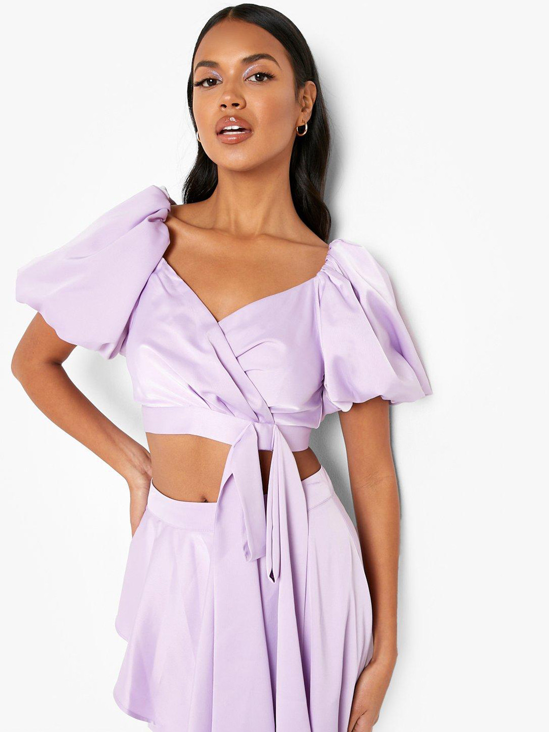 Boohoo Lavender Satin Wrap Crop Top