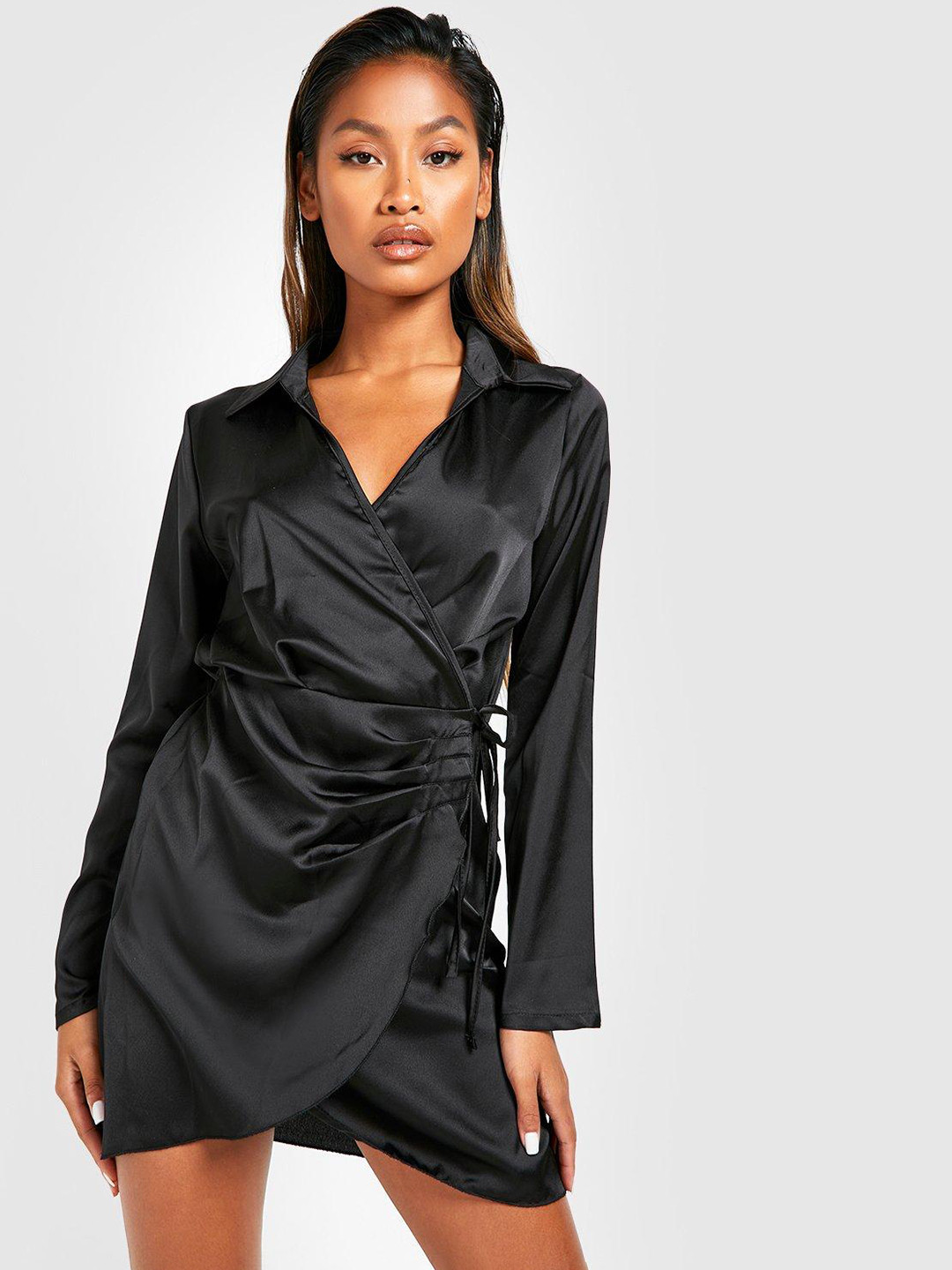 Boohoo Black Satin Wrap Tie-Up Dress