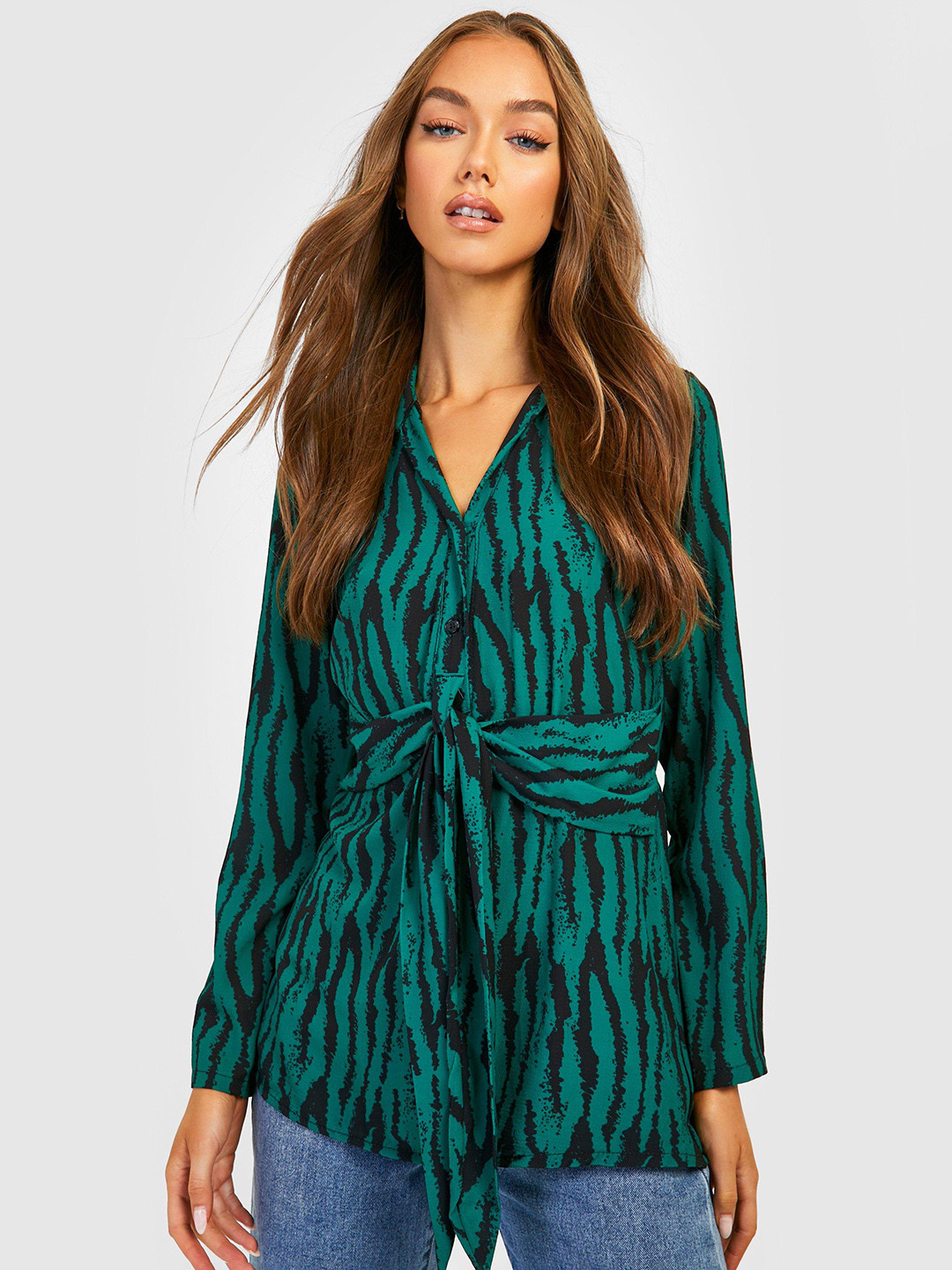 Boohoo Women Green & Black Tie Front Zebra Print Shirt