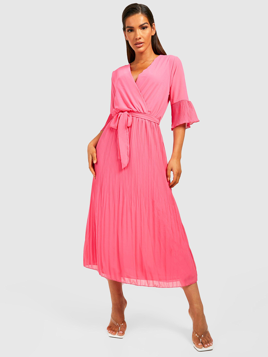 Boohoo Pink Accordion Pleated Chiffon Midi Dress