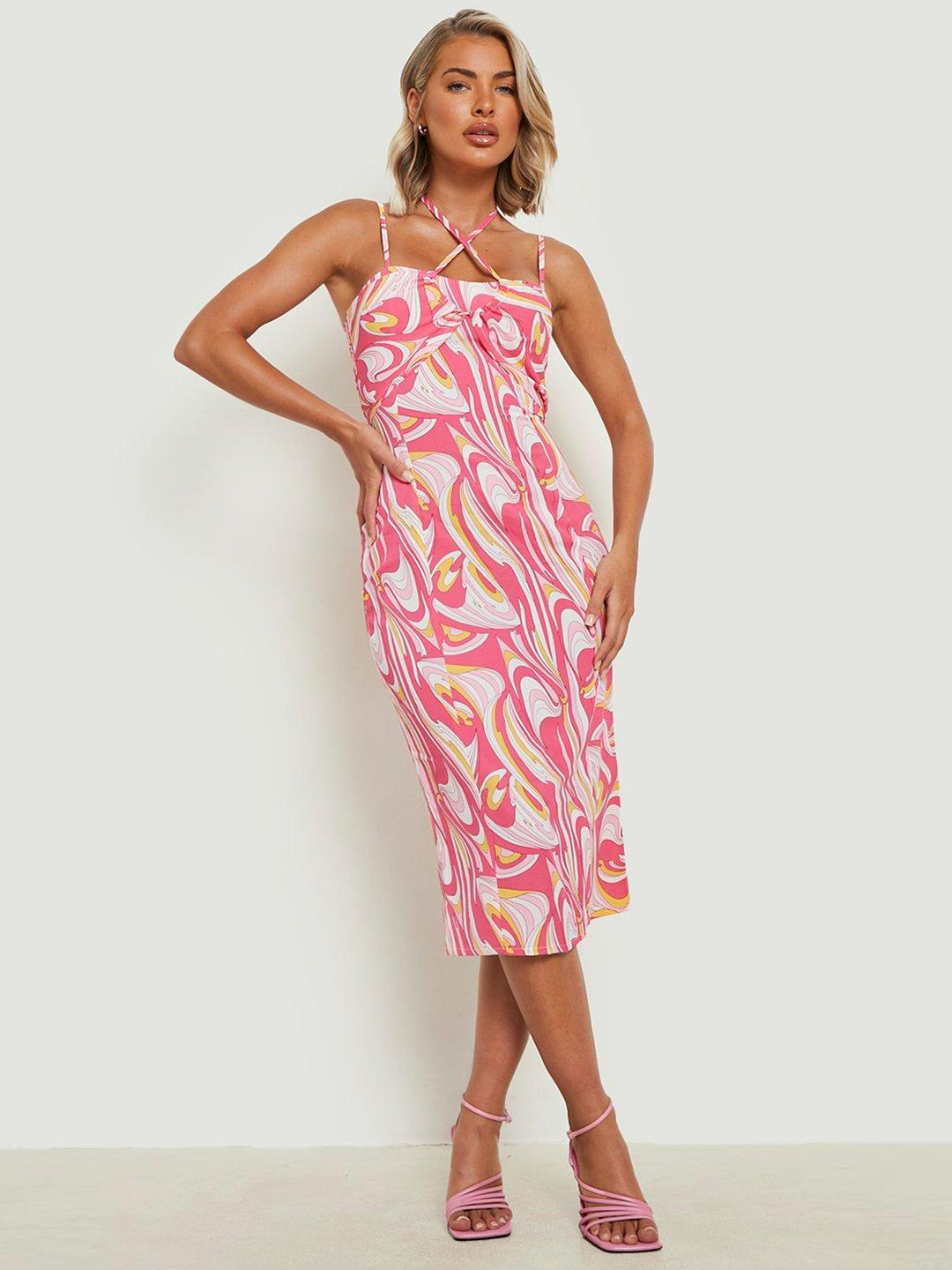 Boohoo Pink & White Sheath Midi Dress