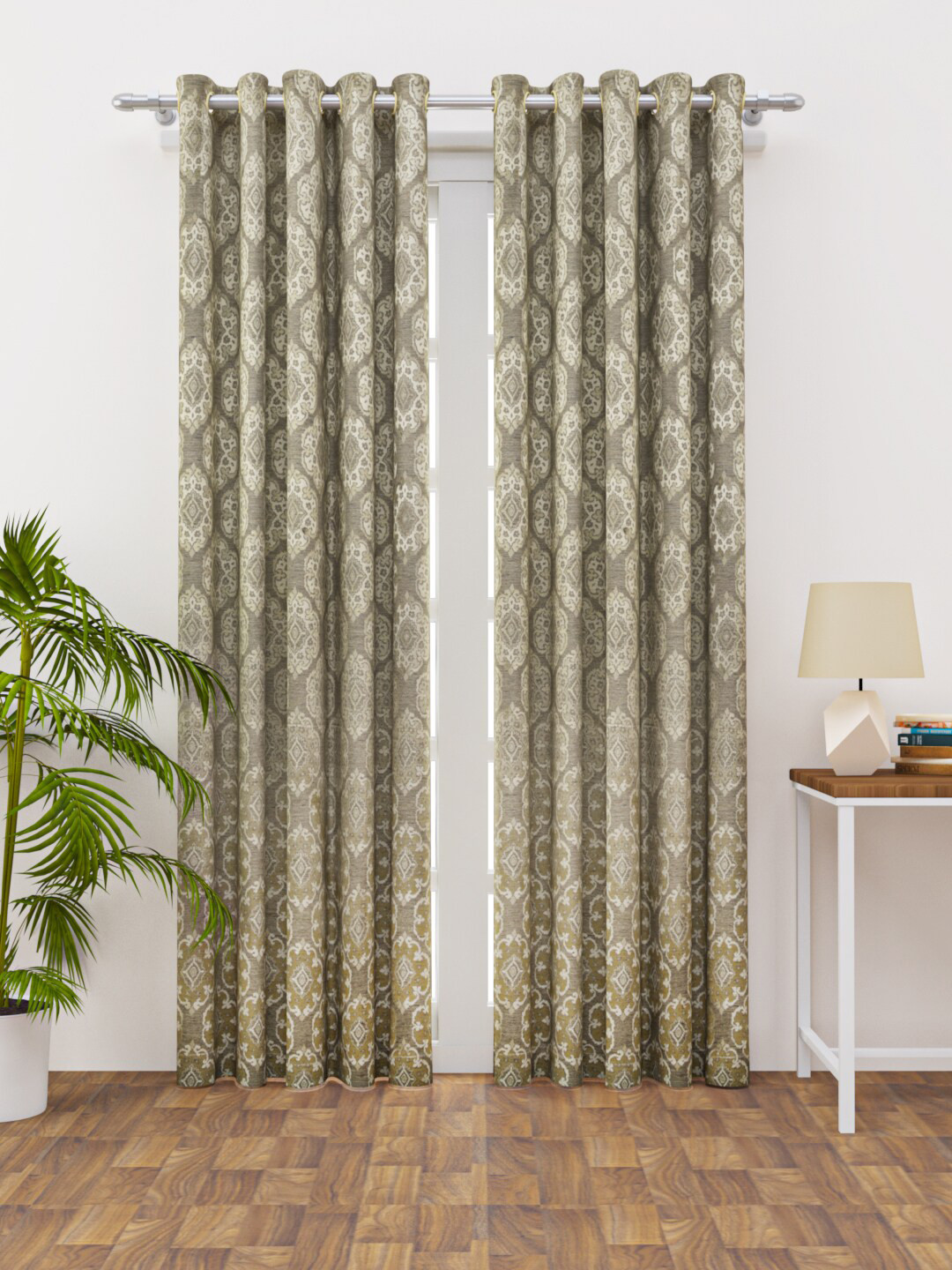 HAPPY HUES Grey & Cream-Coloured Geometric Long Door Curtain