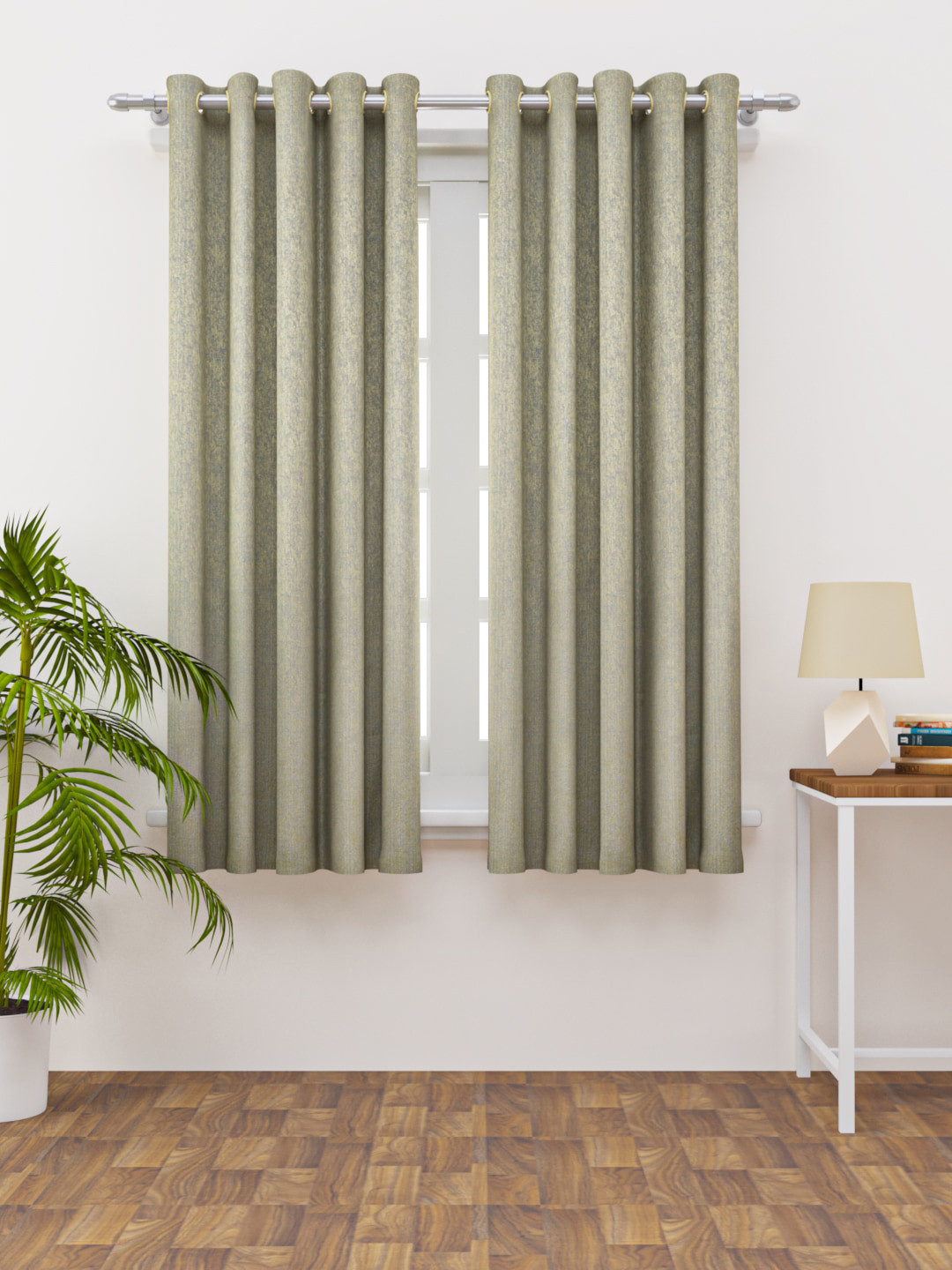 HAPPY HUES Set Of 2 Grey Self Design Window Curtains