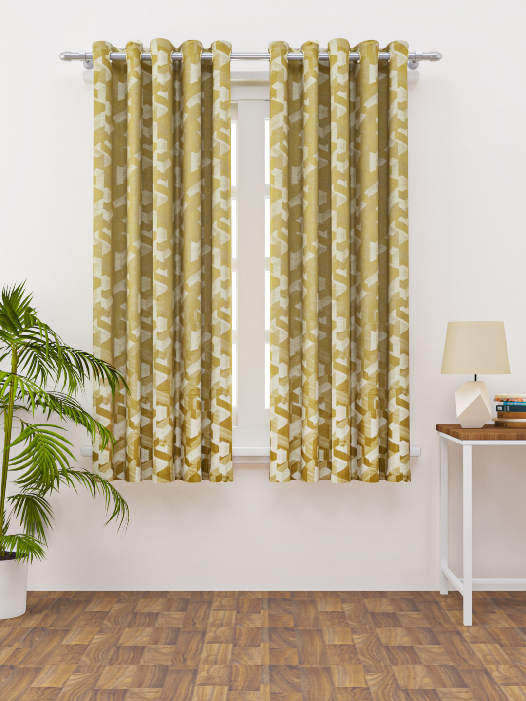 HAPPY HUES Mustard & Cream-Coloured Set of 2 Geometric Window Curtains