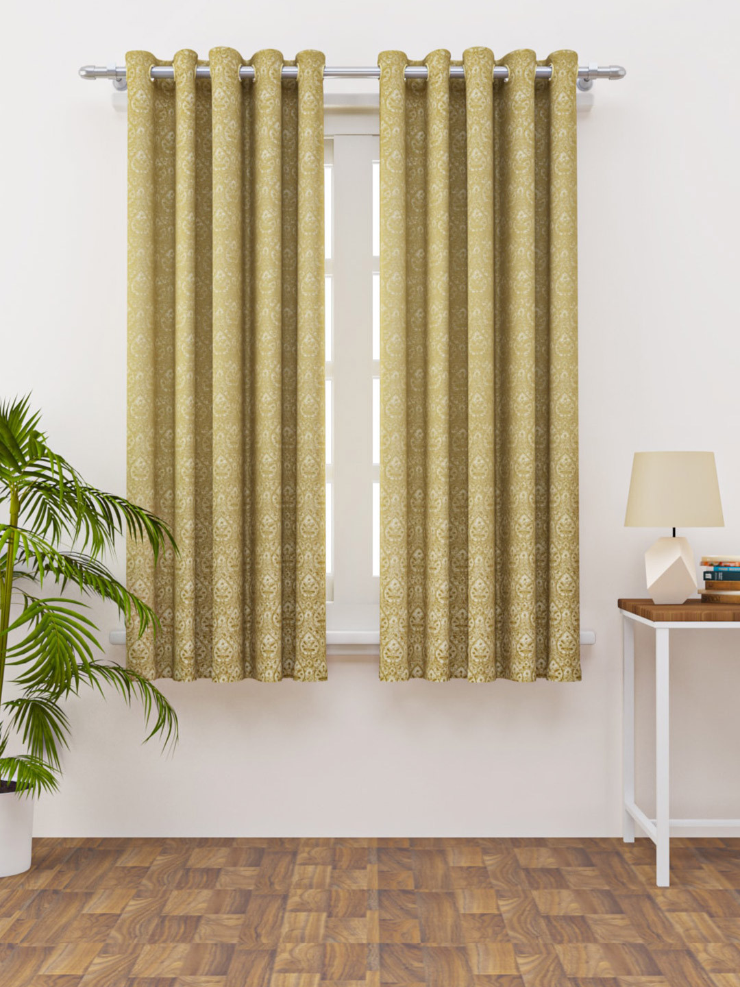 HAPPY HUES Beige & Cream-Coloured Set of 2 Ethnic Motifs Woven Design Window Curtains