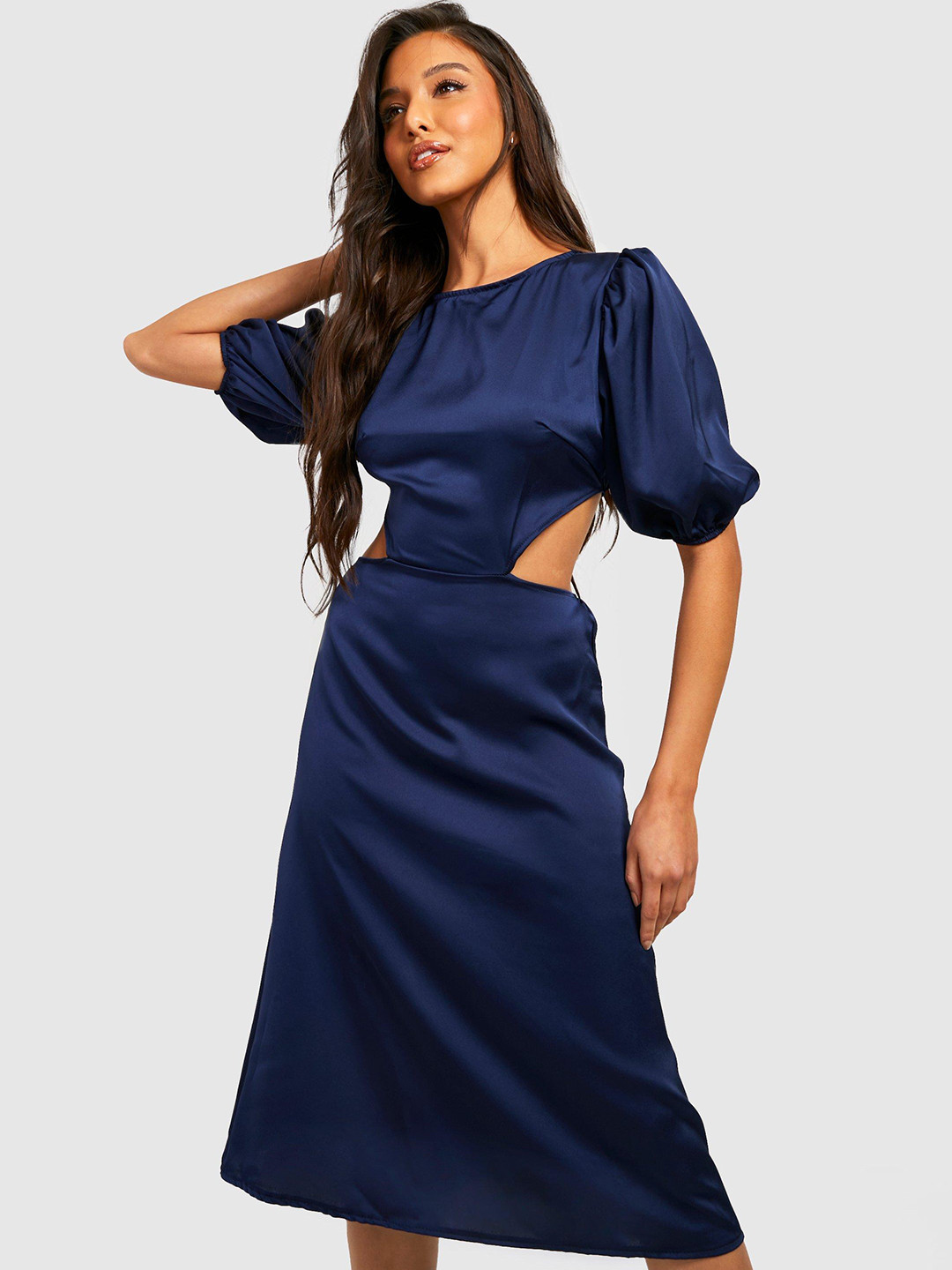 Boohoo Navy Blue Cut-Out Satin Sheath Dress