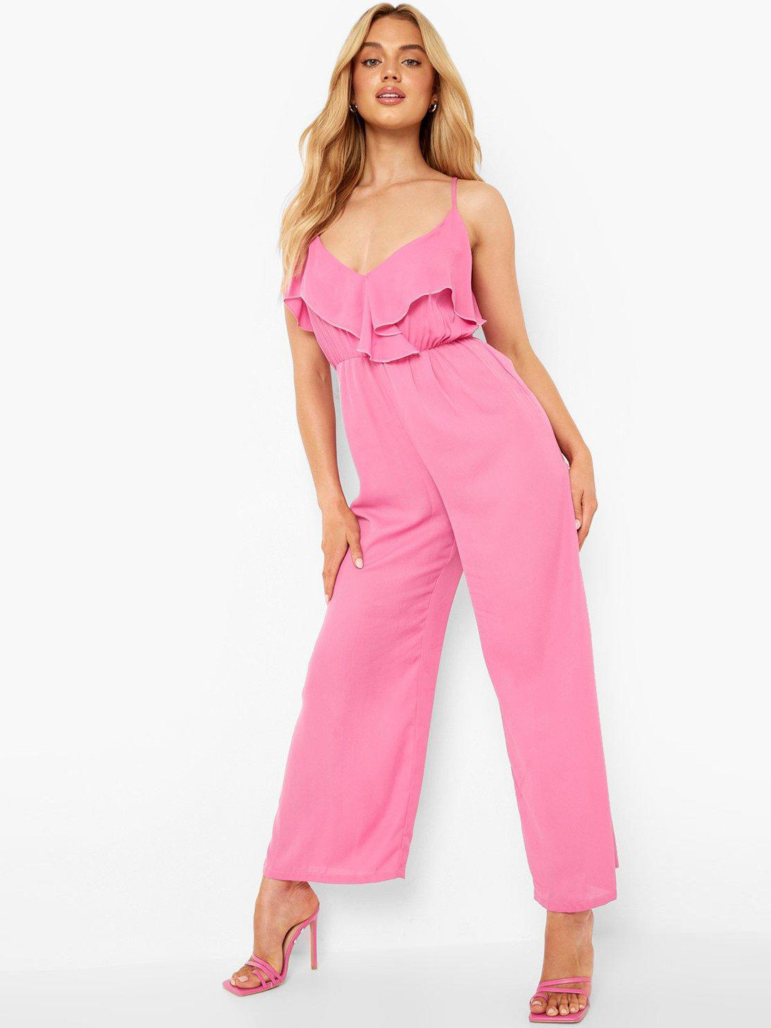 Boohoo Pink Ruffled Basic Jumpsuit