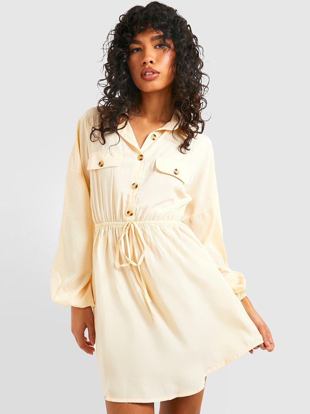 Boohoo Off White Gathered A-Line Above knee Dress