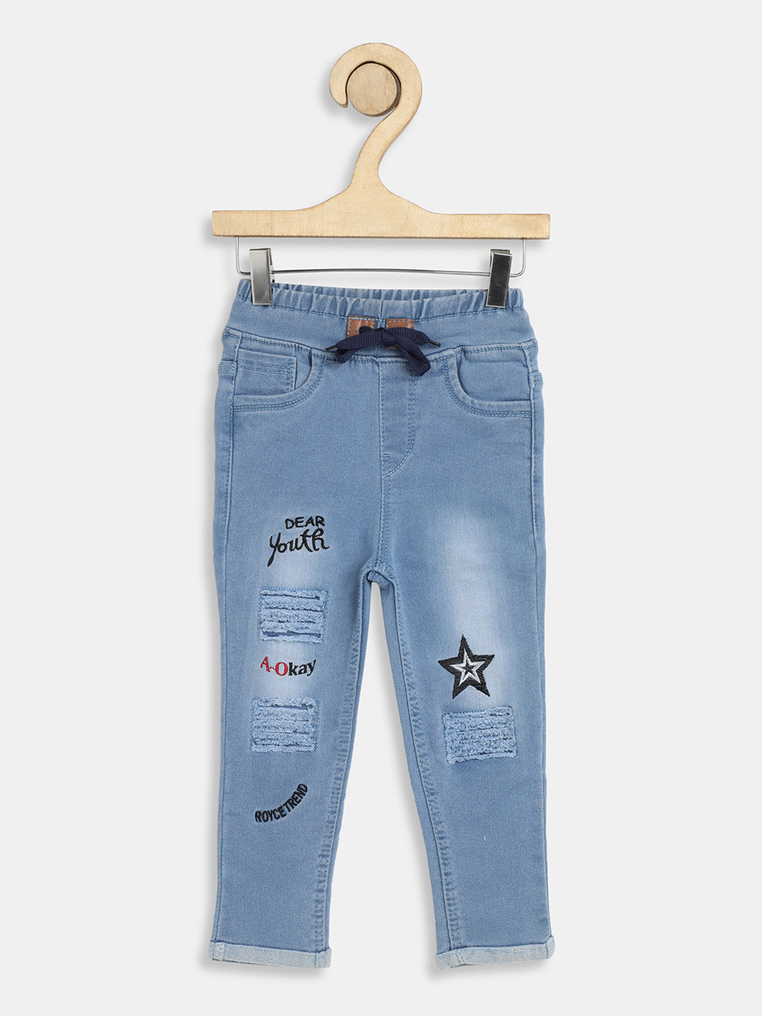 A-Okay Boys Blue Slim Fit High-Rise Mildly Distressed Embroidered Jeans