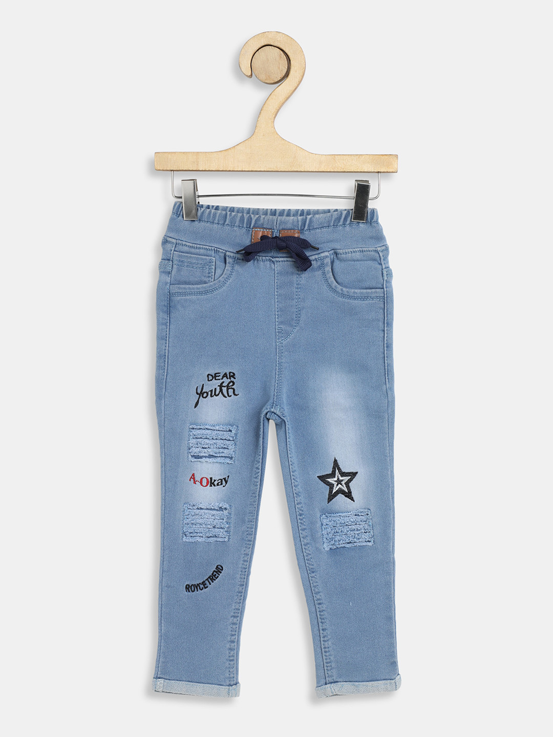 A-Okay Kids Slim Fit High-Rise Mildly Distressed Embroidered Casual Cotton Jeans