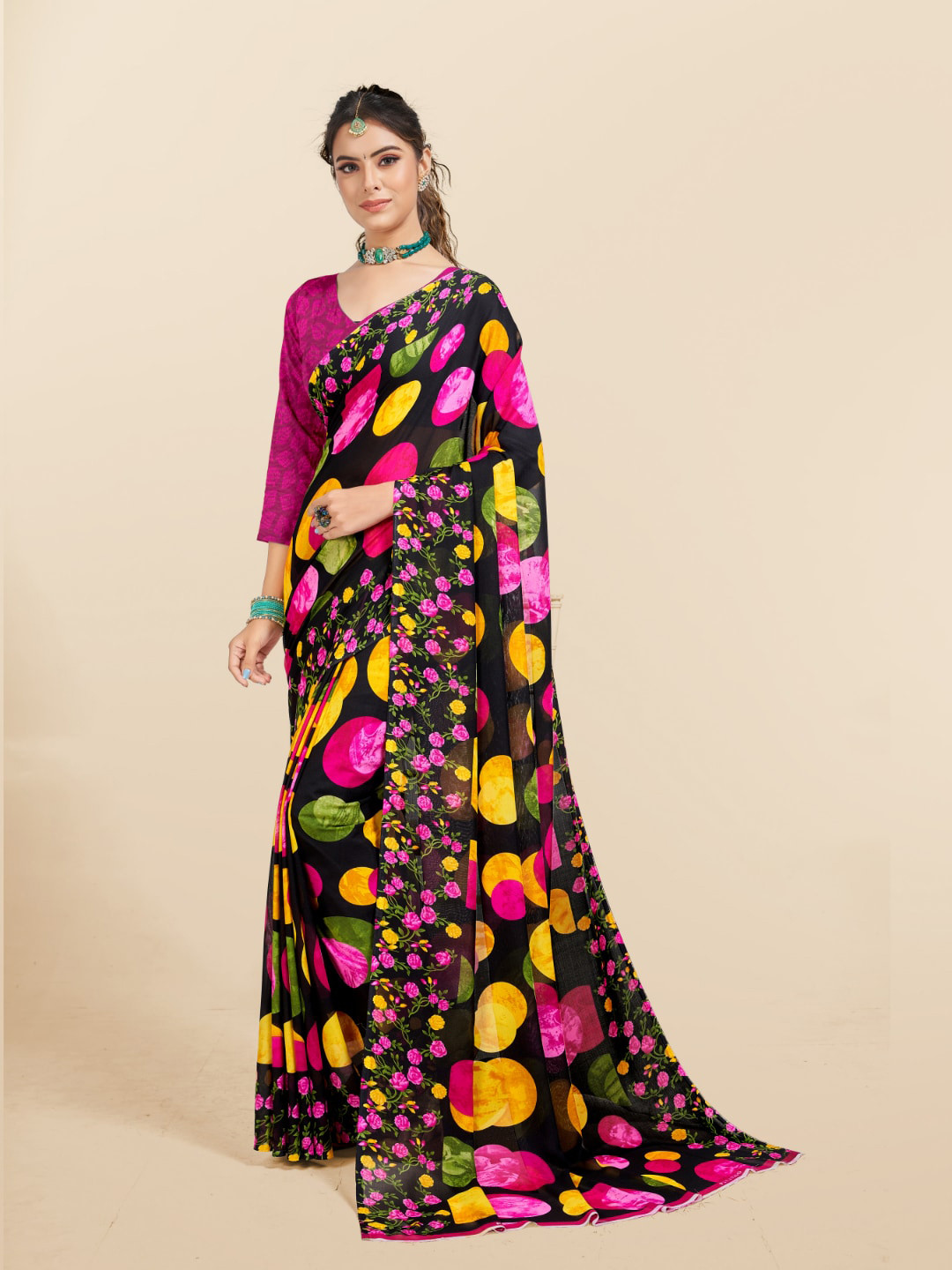 Ambuja International Black & Pink Geometric Printed Saree