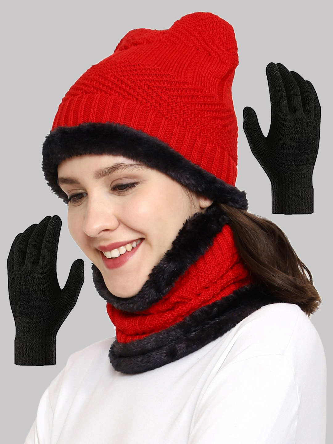 WEAVERS VILLA Women Red & Black Beanie With Warmer and Gloves