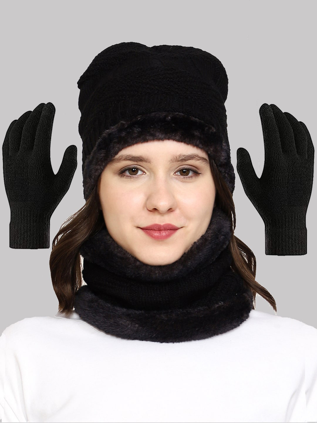 WEAVERS VILLA Women Black Beanie With Warmer and Gloves