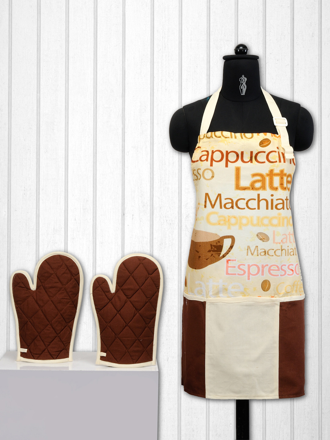 SWAYAM Brown & Off-White Cotton Kitchen Linen Set