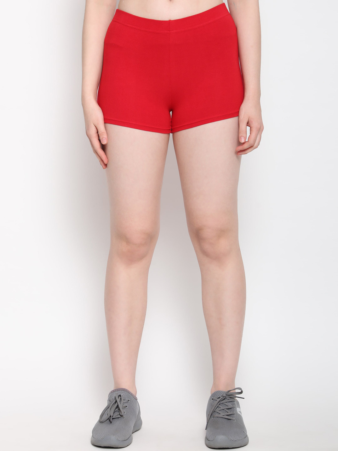 Outflits Women Red Skinny Fit High-Rise Cycling Hot Pants Shorts