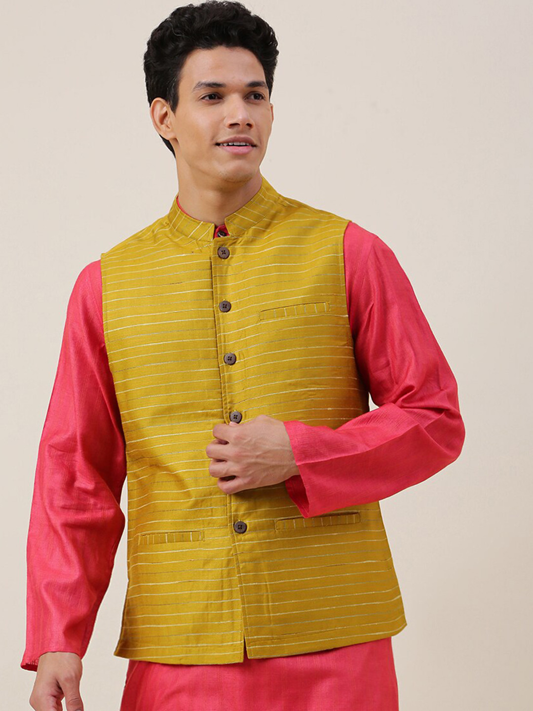 Fabindia Men Yellow Striped Nehru Jackets
