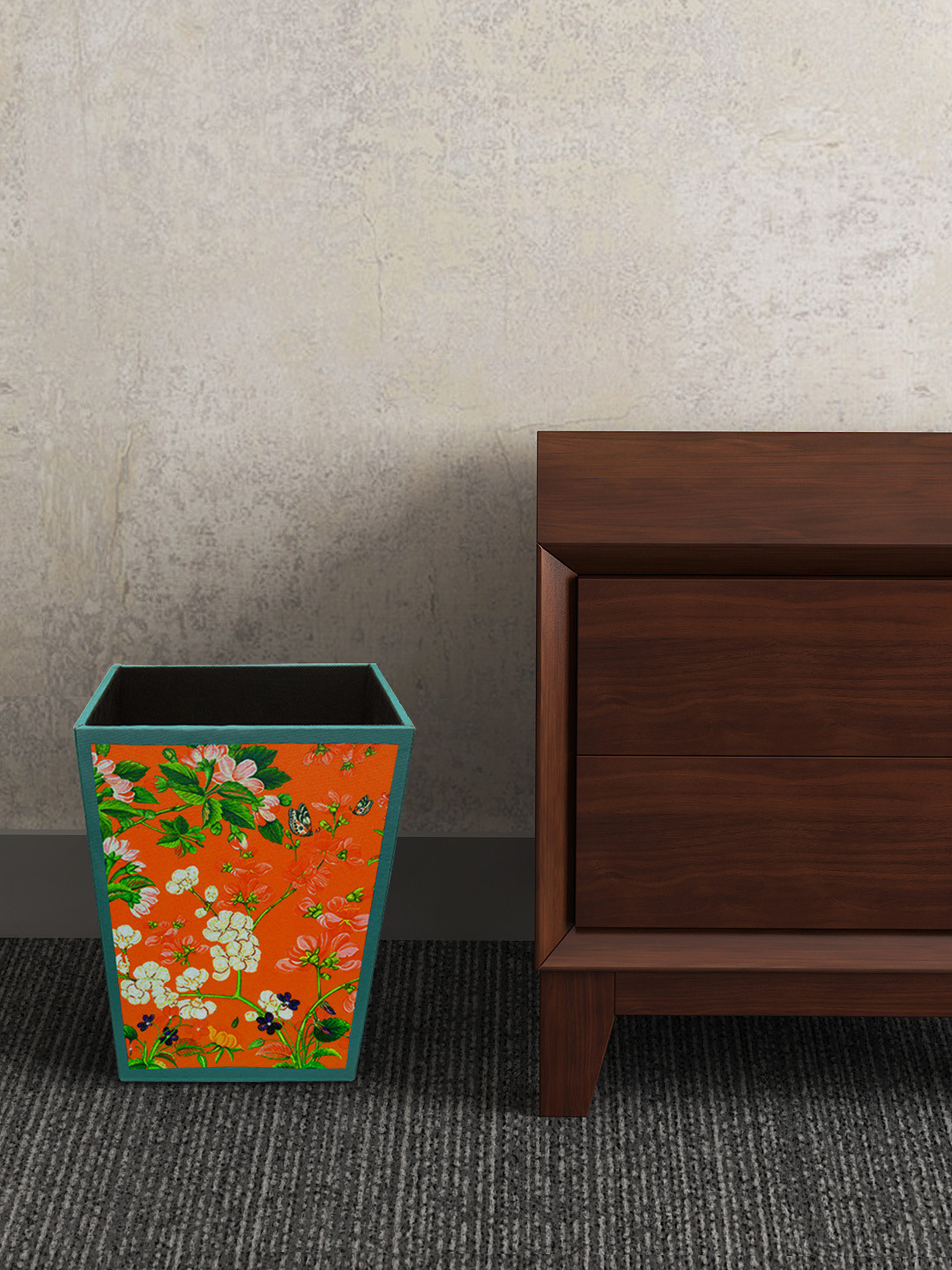 SEJ by Nisha Gupta Orange & Blue Printed Wooden Open Dry Bin