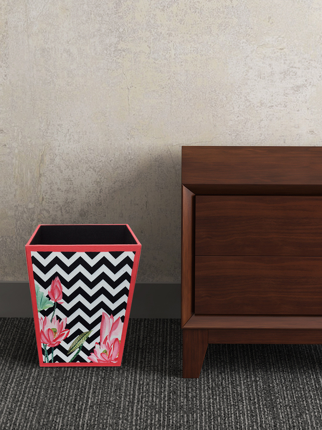 SEJ by Nisha Gupta White & Black Printed Wooden Open Dry Bin