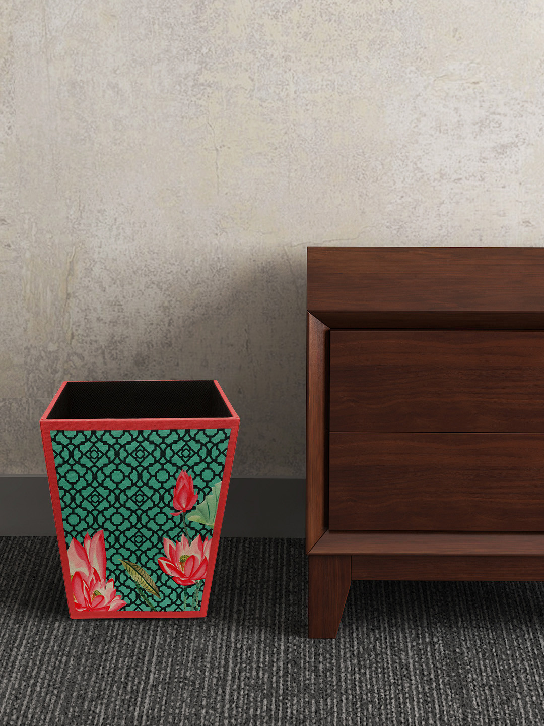 SEJ by Nisha Gupta Green & Pink Printed Wooden Open Dry Bin