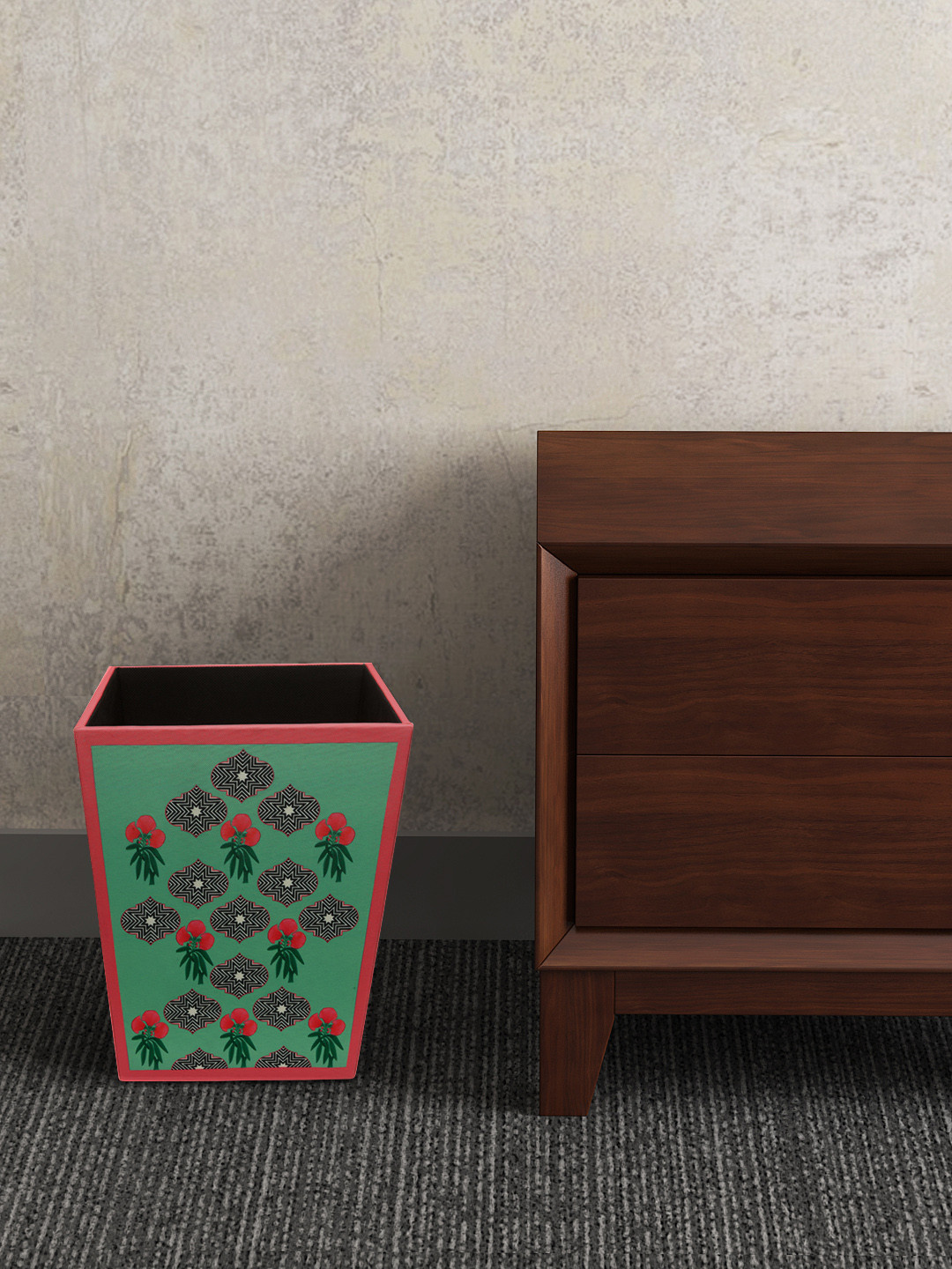 SEJ by Nisha Gupta Green & Pink Printed Wooden Open Dry Bin