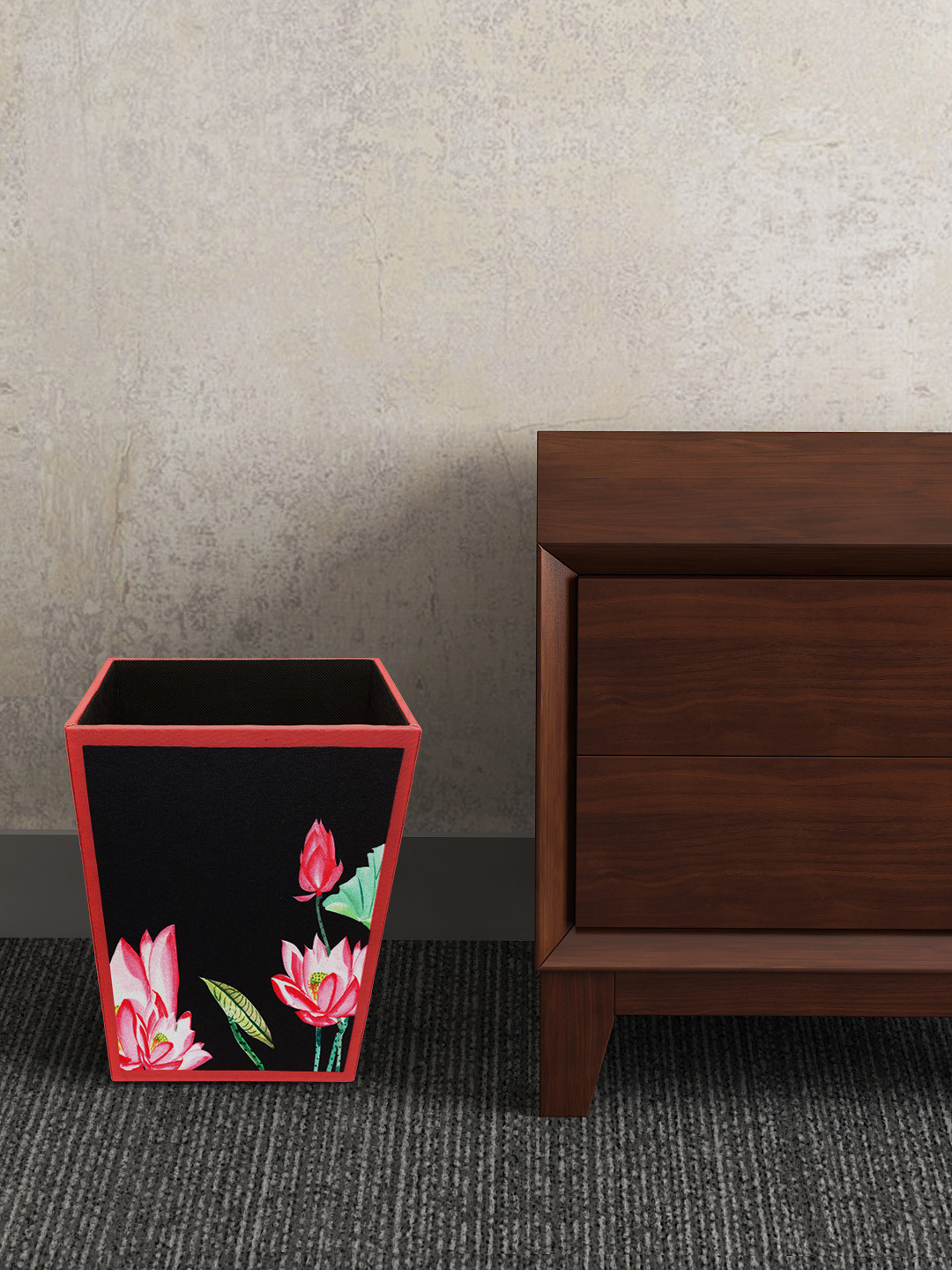 SEJ by Nisha Gupta Black & Pink Printed Wooden Open Dry Bin