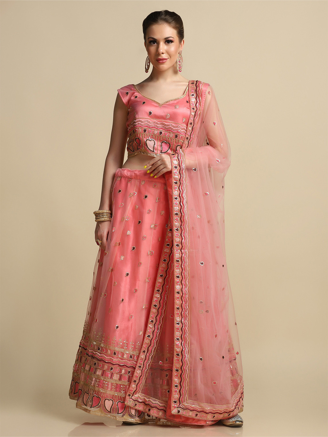 Warthy Ent Peach & Brown Sequinned Semi-Stitched Lehenga & Unstitched Blouse With Dupatta