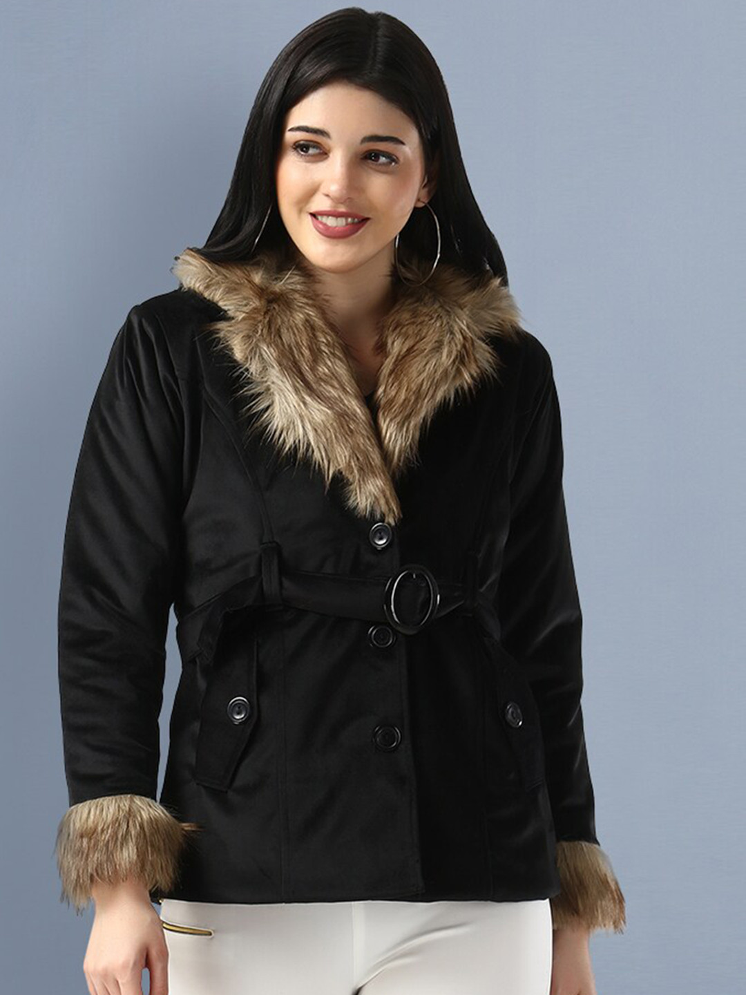 BUY NEW TREND Women Black Velvet Parka Jacket