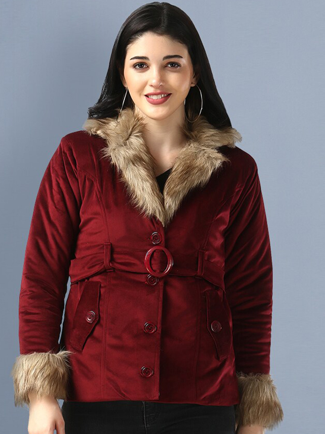 BUY NEW TREND Women Maroon Velvet Parka Jacket