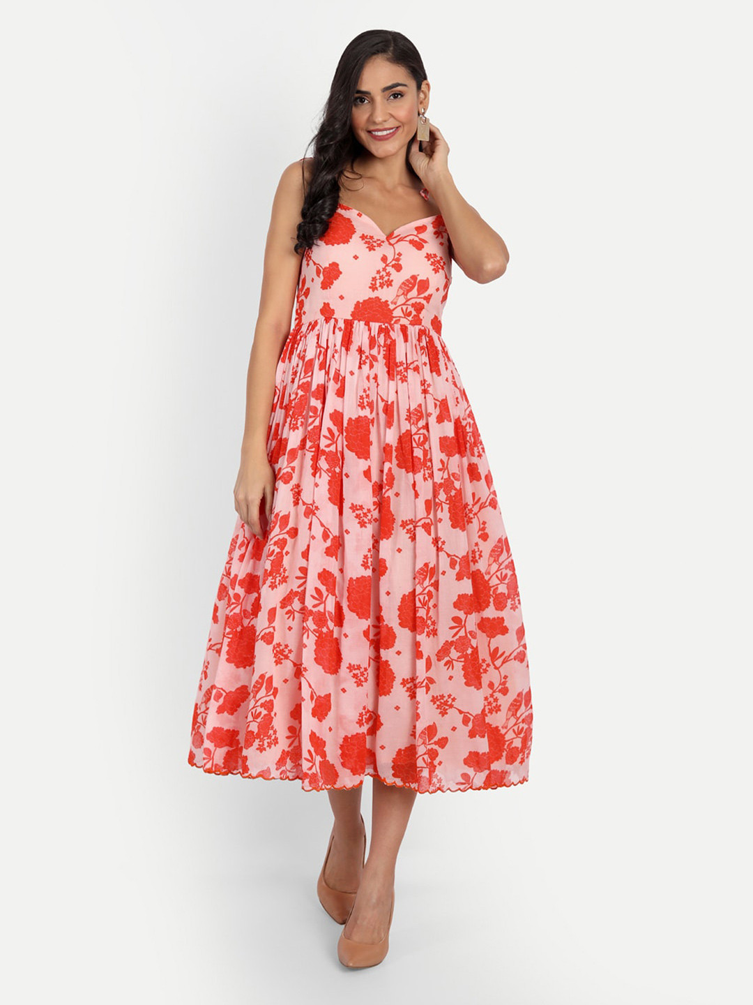 KAPASRITI Orange Floral Cotton Midi Dress