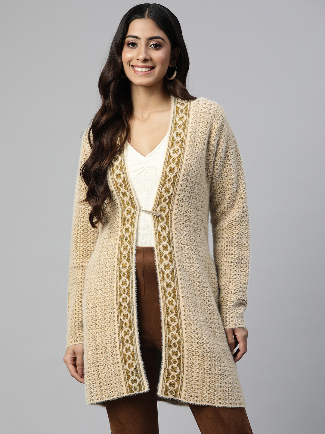 Pierre Carlo Women Beige Quirky Longline Sweater