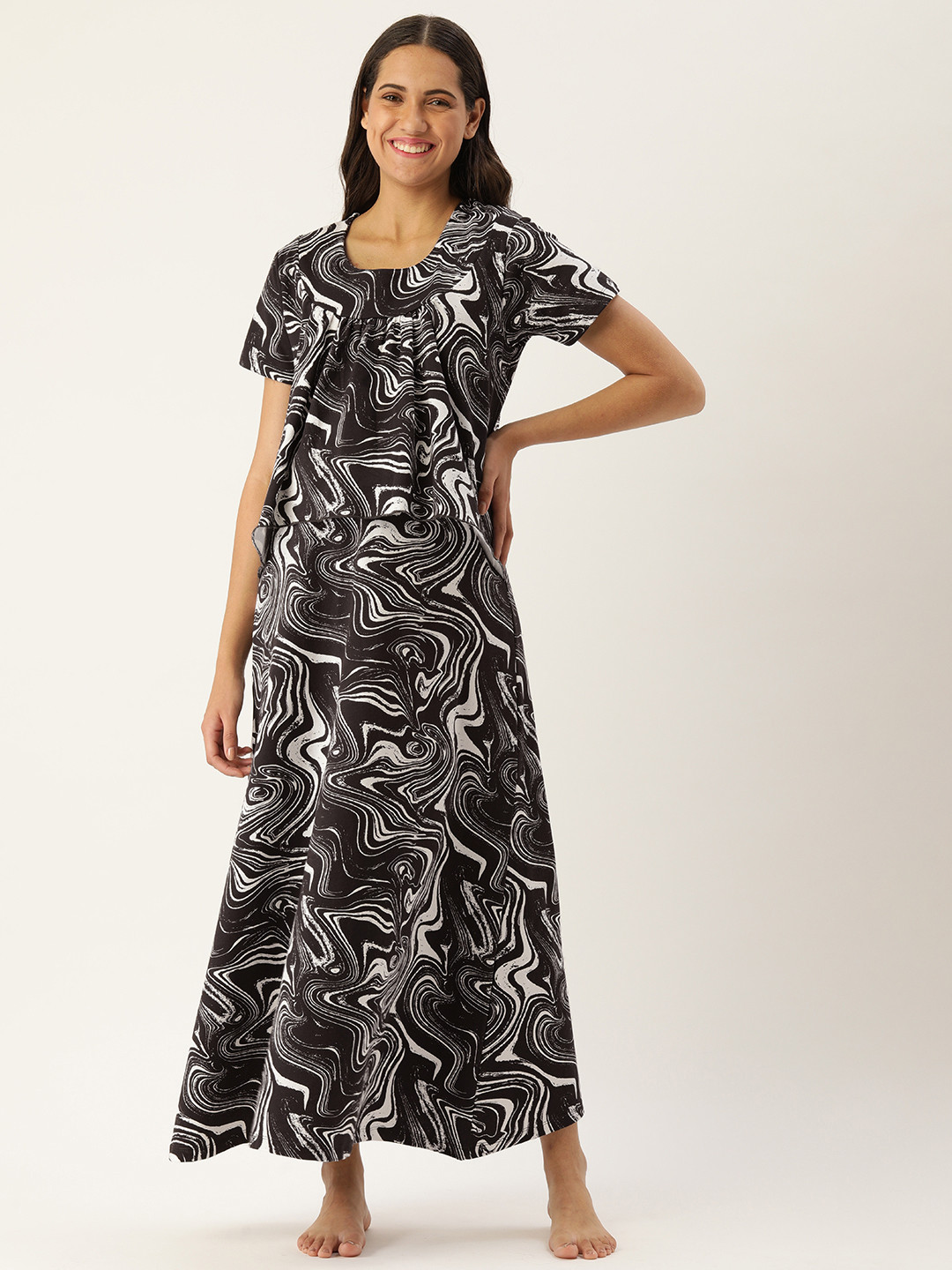 Nejo Black & White Abstract Print Pure Cotton Maxi Nightdress