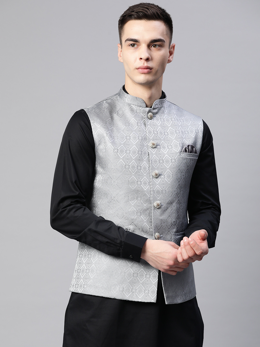 ESSAS club Men Diamond Weave Jacquard Nehru Jacket with Pocket Square