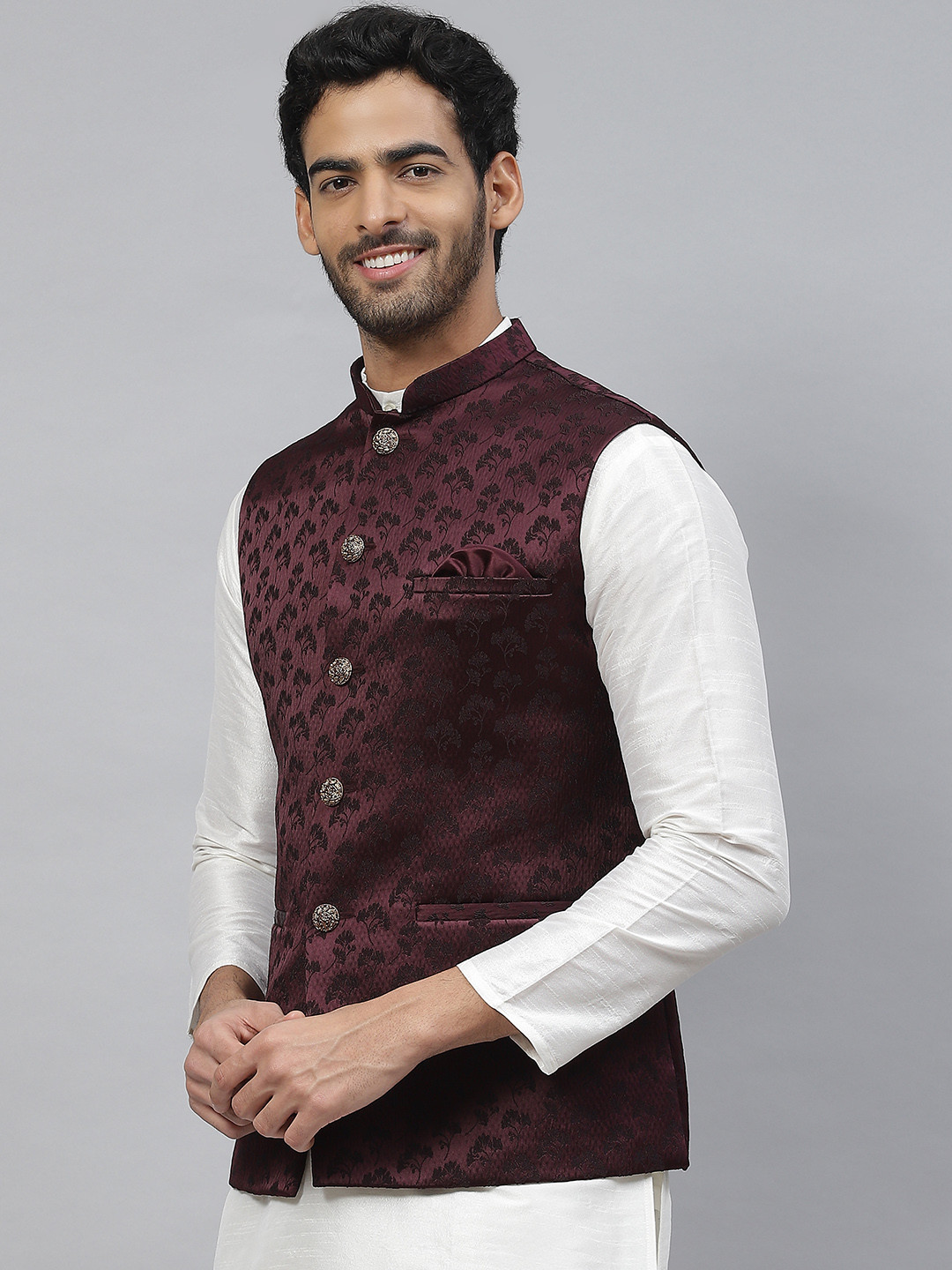 ESSAS club Men Floral Thread Work Nehru Jacket with Pocket Square