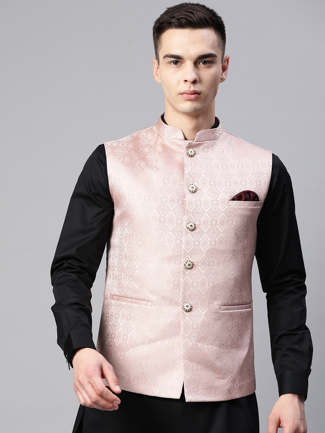 ESSAS club Men Geometric Jacquard Weave Nehru Jacket with Pocket Square