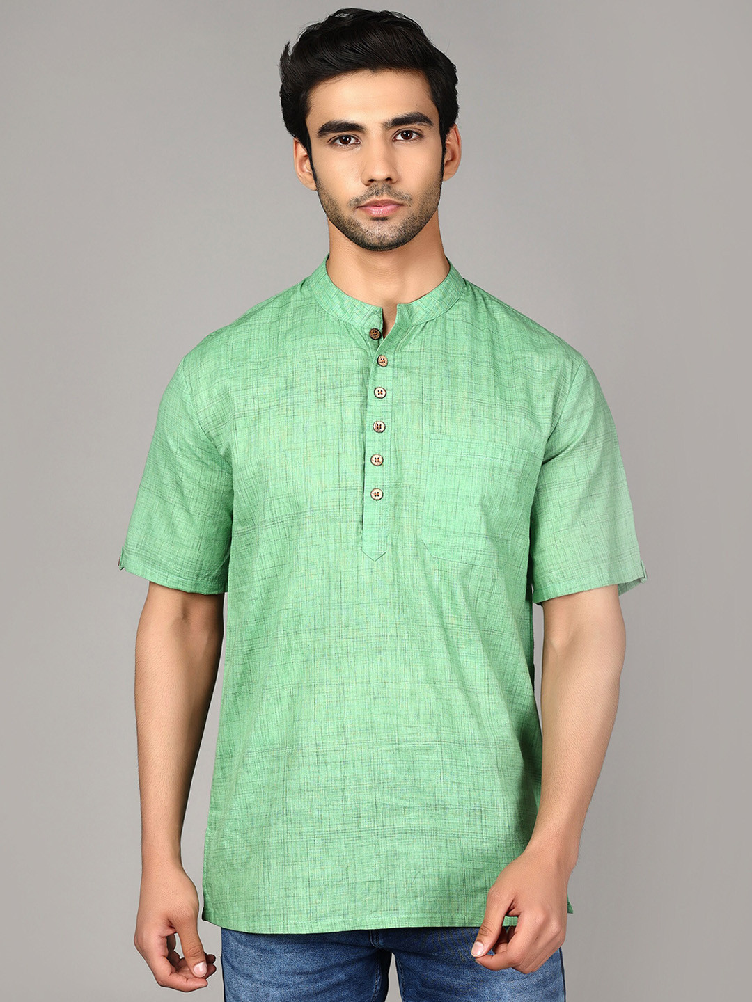 Cot'N Soft Men Green Thread Work Block Print Handloom Kurta