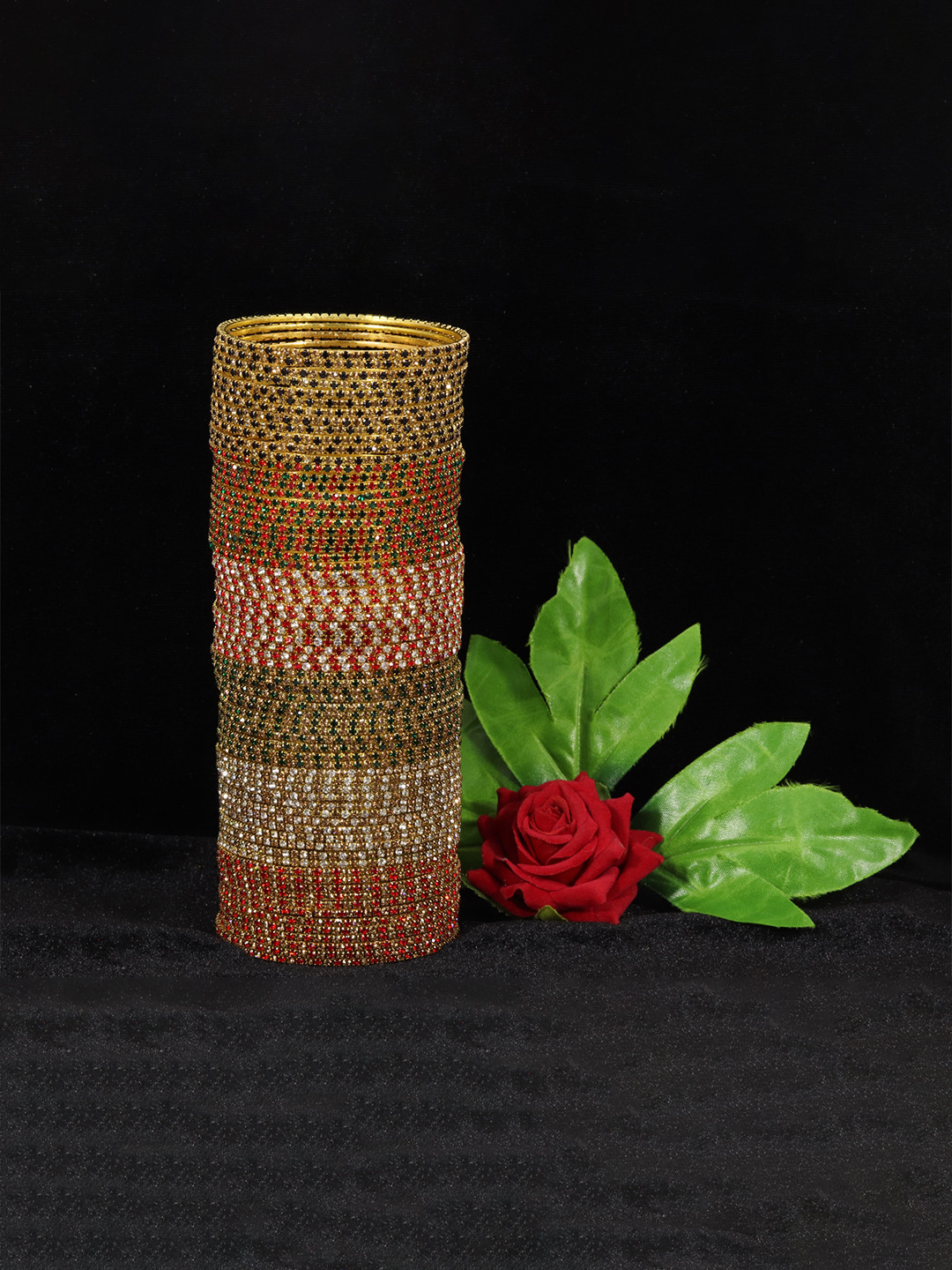 NMII Set of 6 Gold-Plated Red & Green Stones Studded Bangle Set