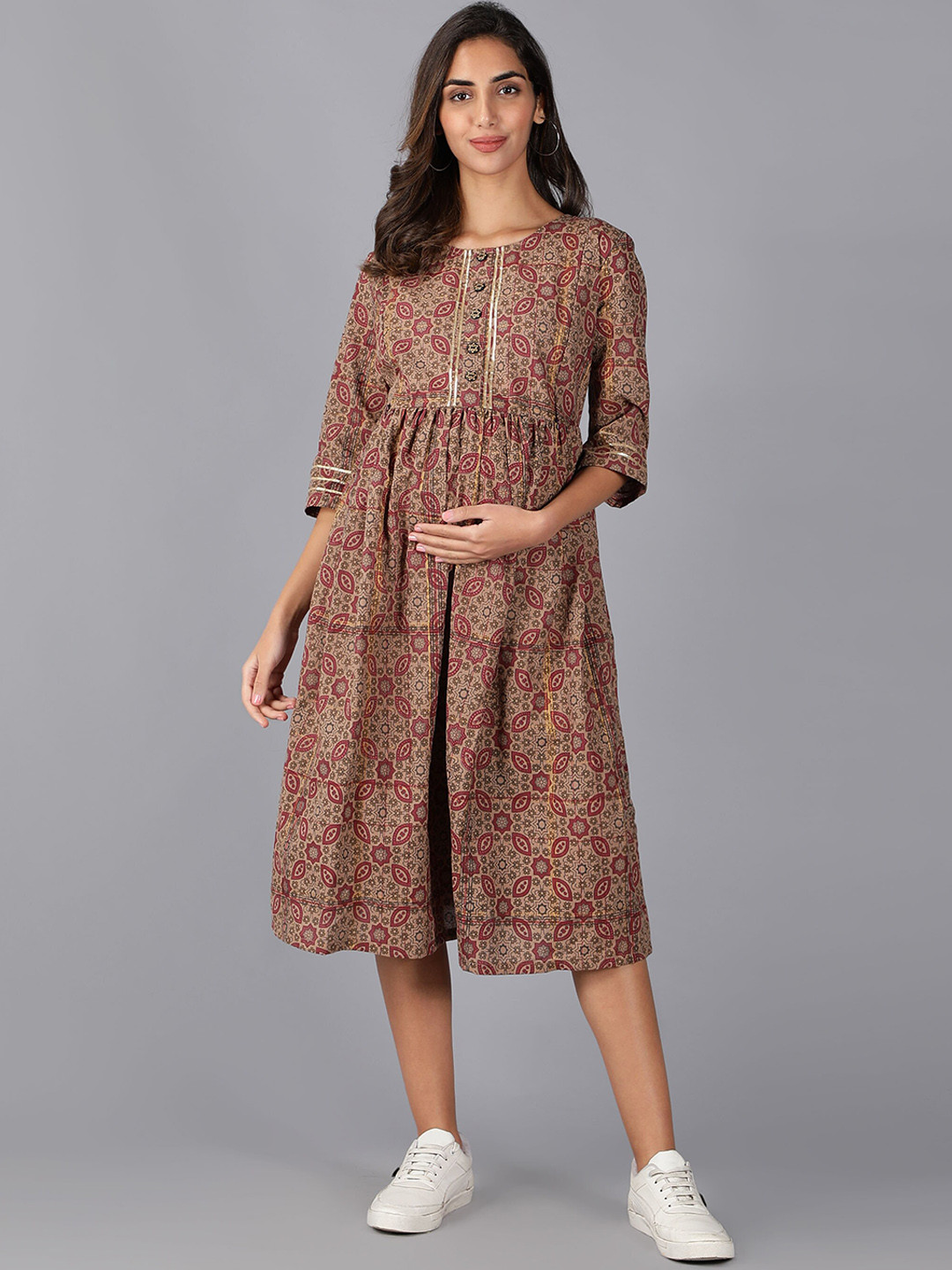 Cot'N Soft Brown Ethnic Motifs Ethnic Printed Maternity A-Line Cotton ???????Dress