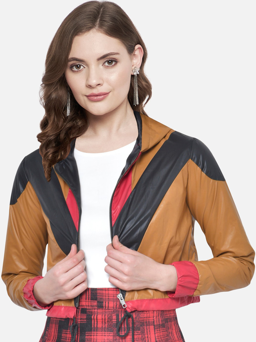Martini Women Brown Colourblocked Water Resistant Crop Bomber Jacket