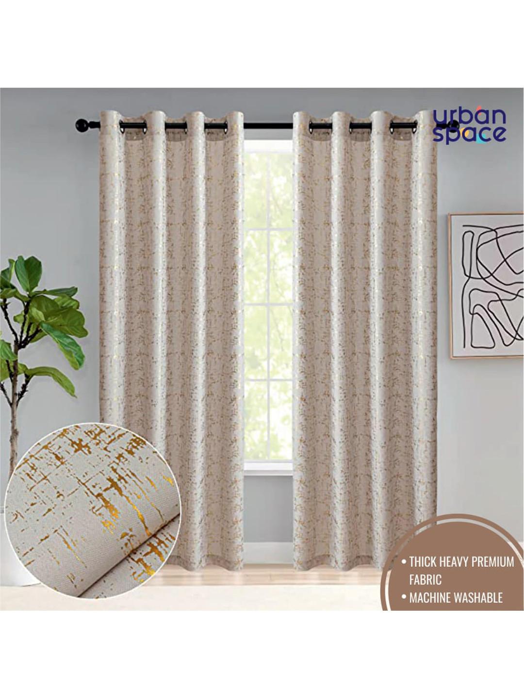 URBAN SPACE Beige & Gold-Toned Soft Sheen Silk Black Out Long Door Curtain
