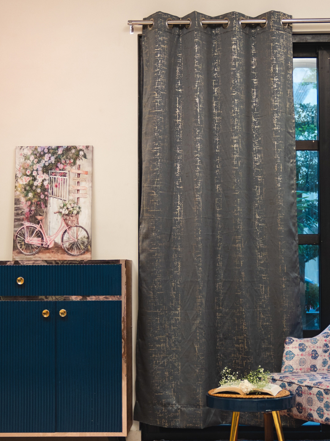 URBAN SPACE Grey & Gold-Toned Soft Sheen Silk Black Out Window Curtain