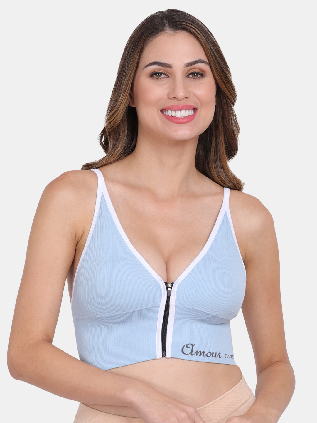 Amour Secret Turquoise Blue & White Removable Lightly Padded Front Zipper Open Sports Bra