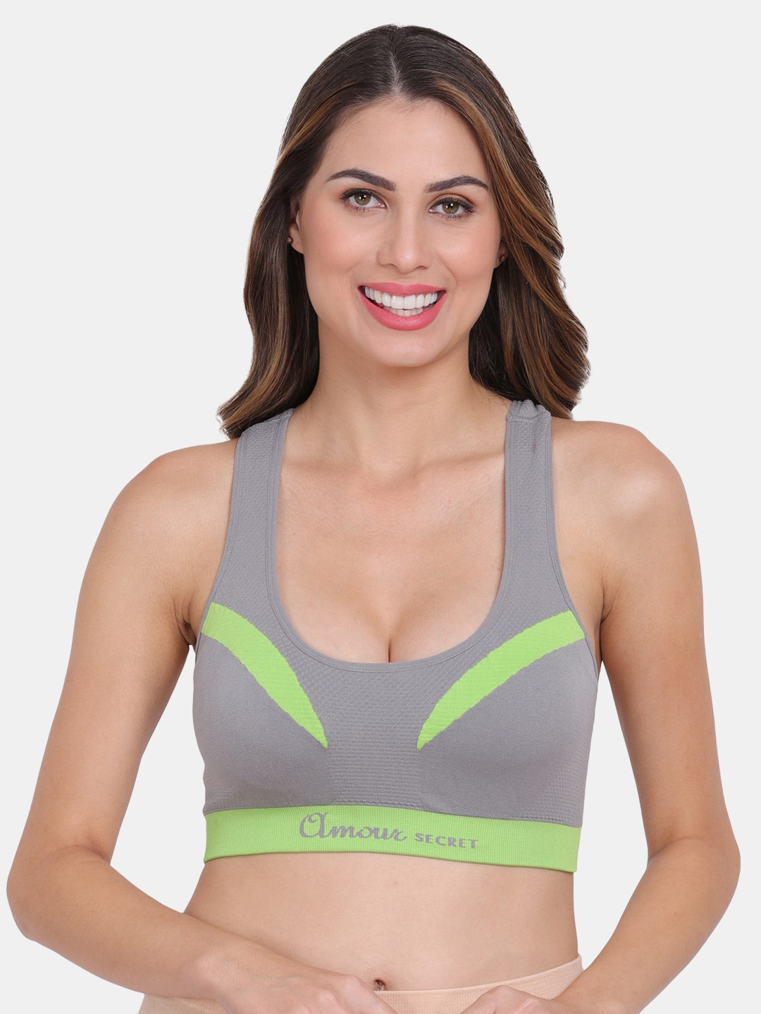 Amour Secret Grey & Fluorescent Green Removable Lightly Padded Racerback Sports Bra