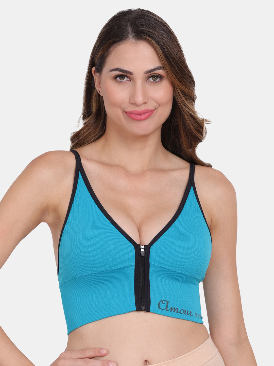 Amour Secret Blue & Black Removable Lightly Padded Anti Odour Front Zipper Open Sports Bra