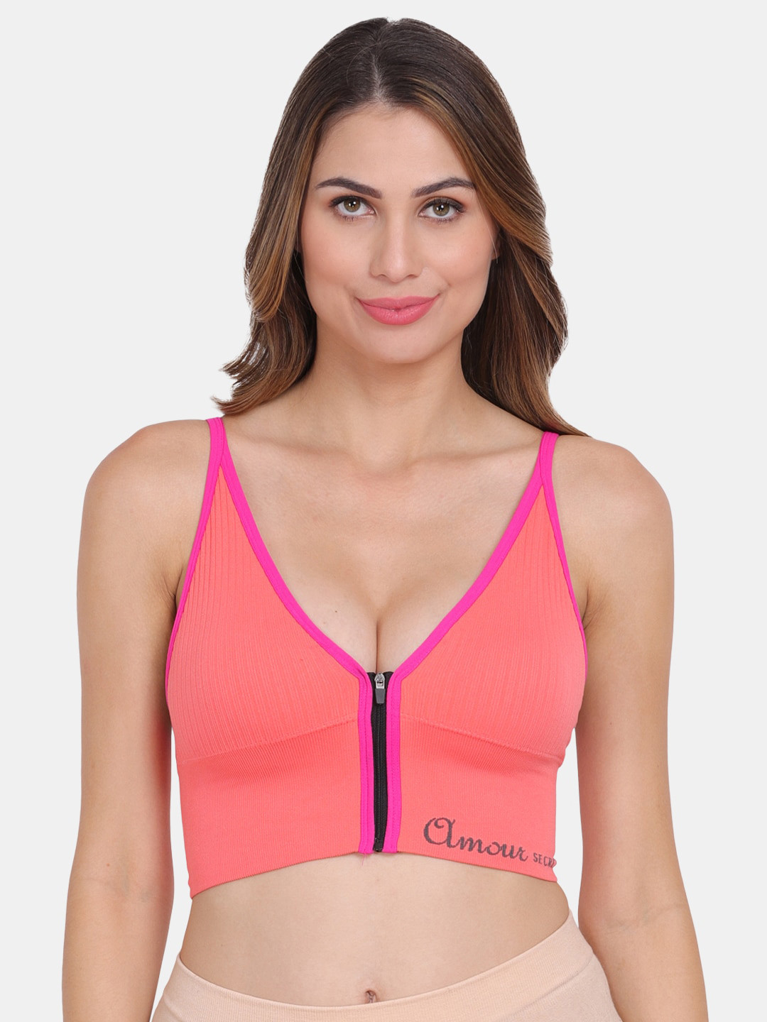 Amour Secret Orange & Pink Removable Lightly Padded Anti Odour Front Zipper Open Bra