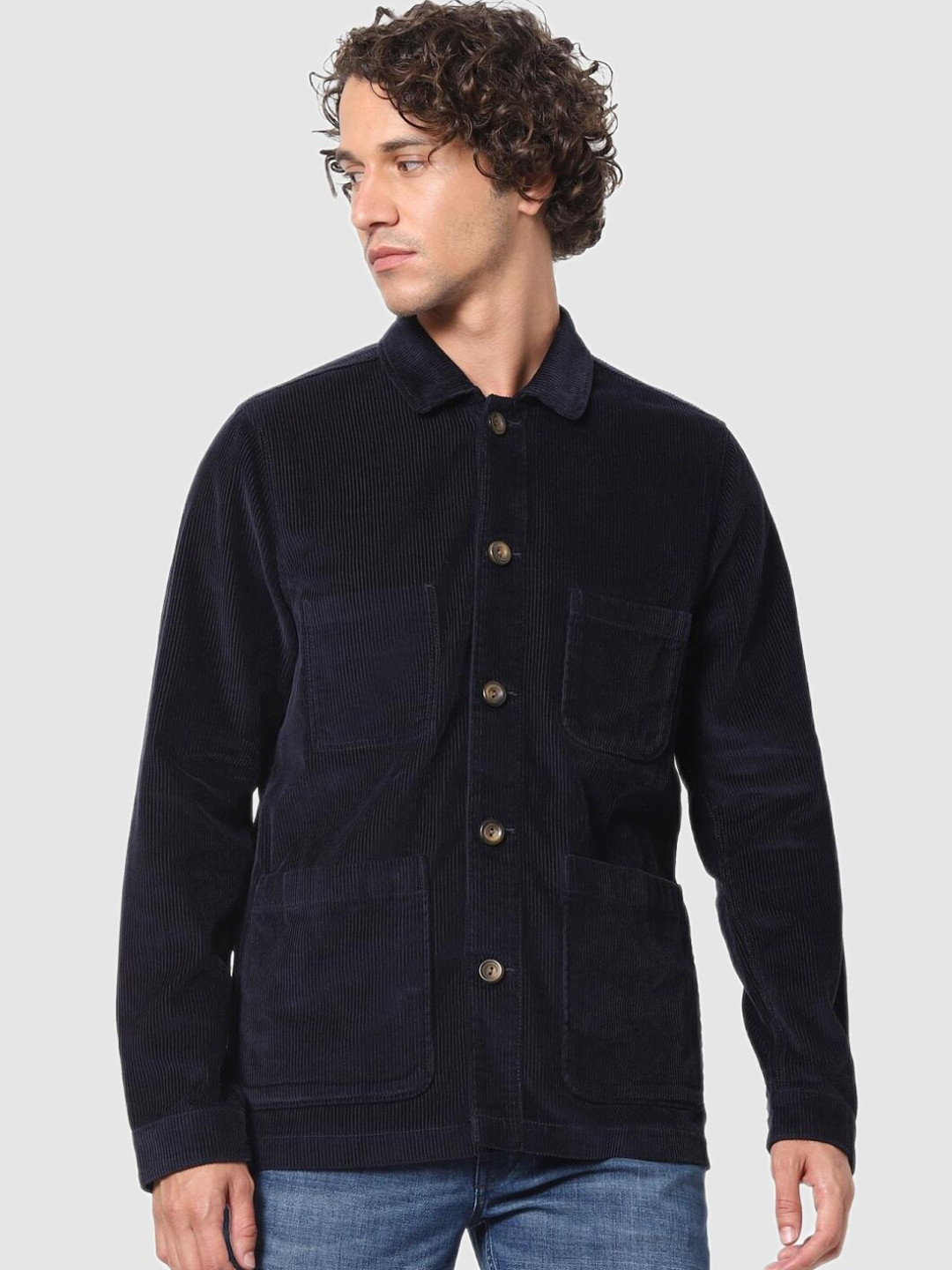 Celio Men Navy Blue Solid Cotton Long Sleeves Tailored Jacket